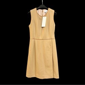 NWT Adam Lippes Brown Tan Wool Midi Dress Size 6 Lined Leather Trim Luxury